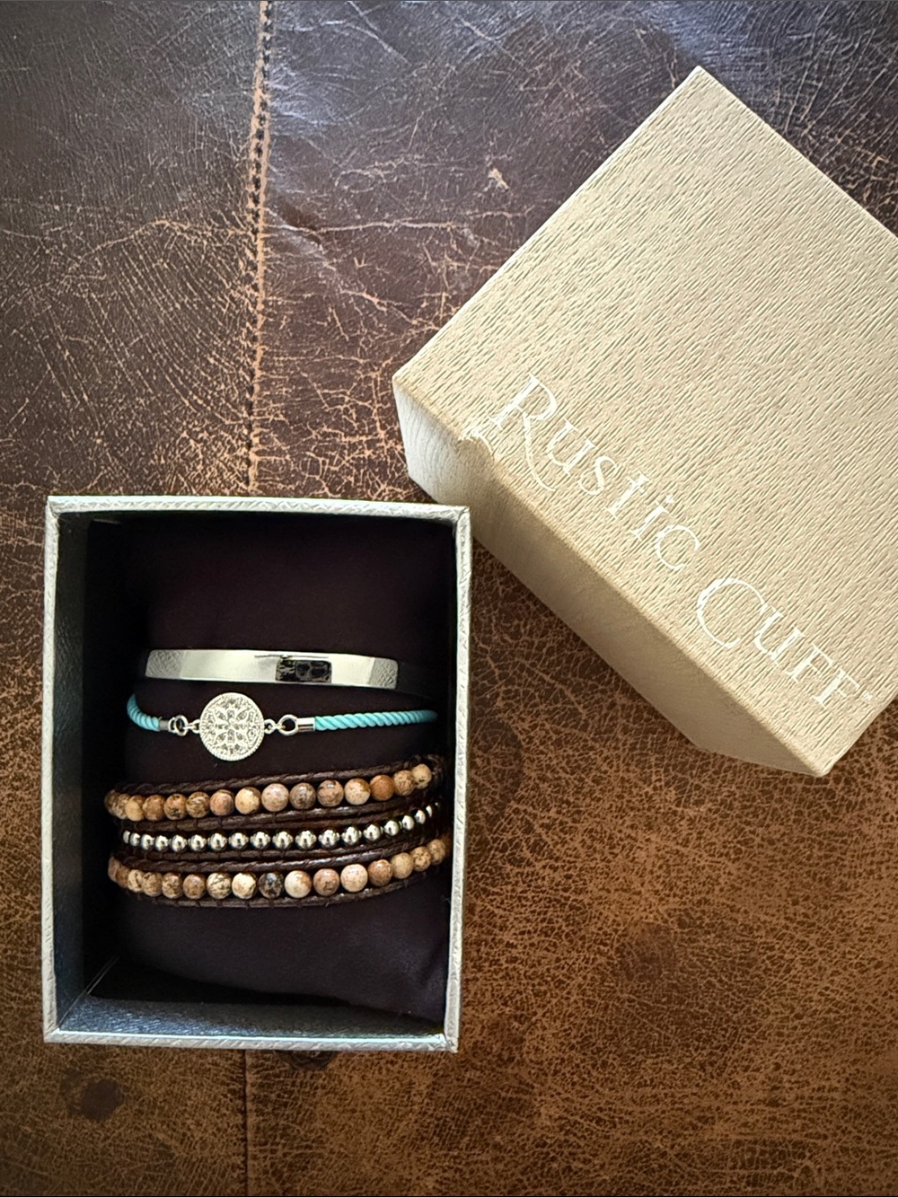 Rustic Cuff Silver Cuff, Turquoise Cord and Wrap Bracelet with Brown Stone Beads